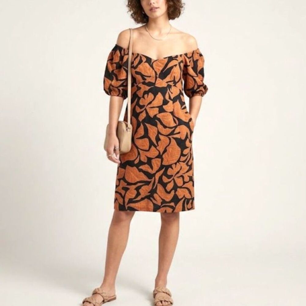 Babydoll Off Shoulder Linen Blend Ruched Dress Med Black Brown Puff Sleeve Indie